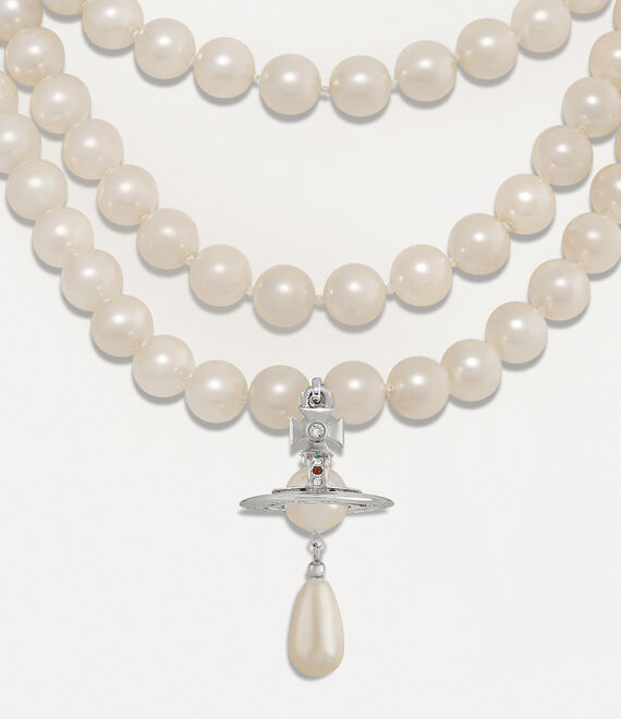 Vivienne Westwood Three Row Pearl Drop Choker in Silver